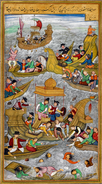 Painting depicts eight boats carrying European sailors who are killing an Indian ruler and his guards who flounder in the water.