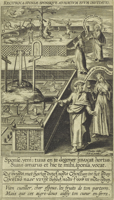 Sepia-toned reproduction of two stacked scenes. Top, man and woman watch devils by tree with serpent. Below, Jesus and woman talk by three crosses.