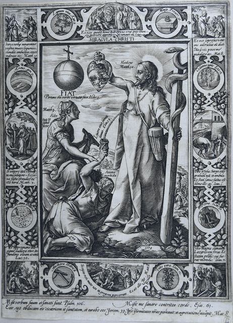 Black-and-white reproduction of Christ standing with cross and holding aloft a heart. Two women accept blood from his side wound flowing into a cup.