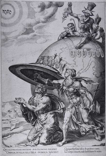 Black-and-white reproduction of woman holding shield over kneeling man in foreground. To right a beastly figure holding darts sits atop a globe.