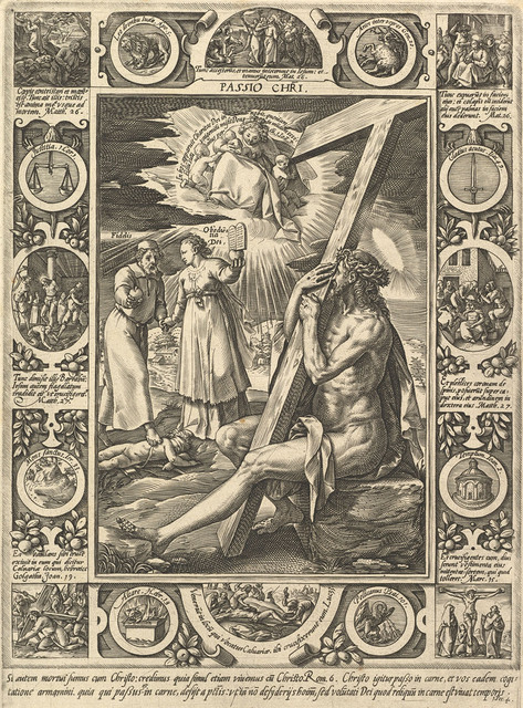 Sepia-toned reproduction of Christ with cross, watching woman holding tablets and man stepping on blindfolded child. Mother and children hover above.