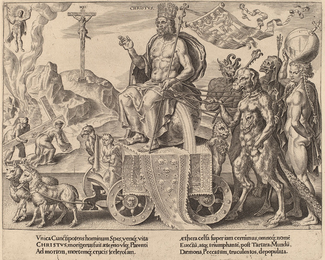 Sepia-toned reproduction of king atop chariot drawn by lambs. Four bound figures follow behind. In background, man hangs on cross. Latin text below.