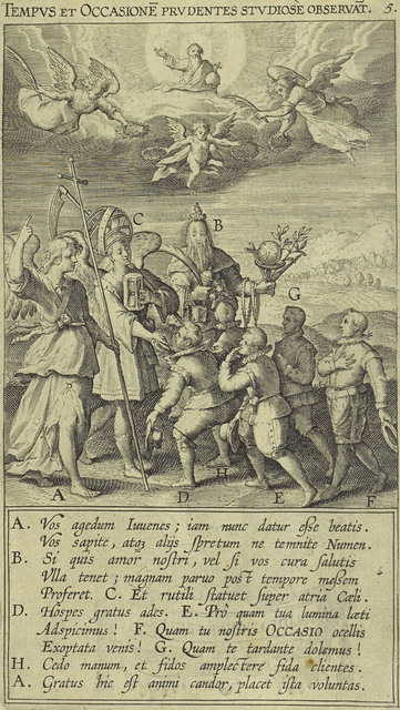 Sepia-toned reproduction of three winged figures and crowned man surrounded by five young boys. God and three angels float above. Latin text below.