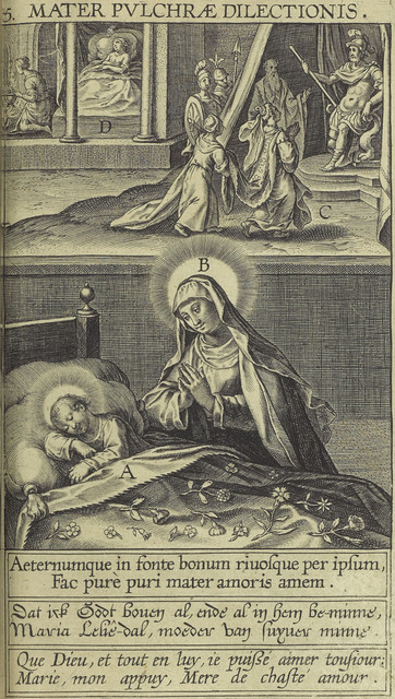 Sepia-toned reproduction of Mary praying by bed of sleeping child Jesus. Above her a woman approaches a group of soldiers. Two figures at upper left.