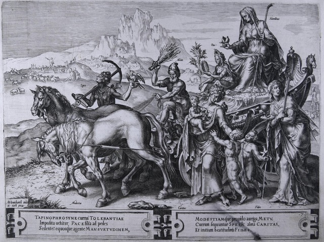 Black-and-white reproduction of chariot filled with and surrounded by human figures. In background cliff towers over sheep and humans.