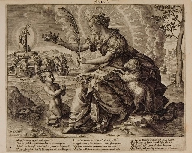 Sepia-toned reproduction of woman with book, flanked by child and lamb. In left background people circle Jesus on pedestal. Tree and castle to right.