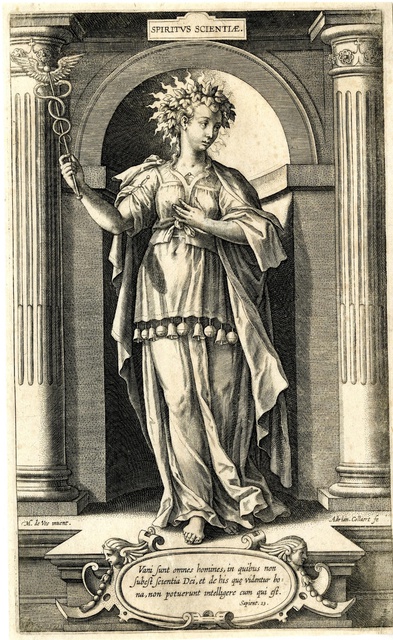 Sepia-toned reproduction of a woman with winged headdress standing with left hand on hip and right hand holding a spiraled arrow.
