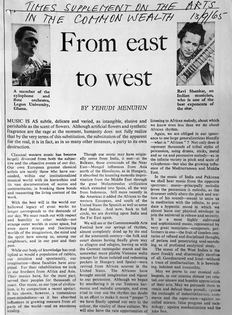 A thumbnail photo of a man playing a wind instrument appears in the top left- corner of the clipping, with the caption, “A member of the xylophone and flute orchestra, Legon University, Ghana.” A thumbnail of a man playing the sitar appears in the top right-hand corner, with the caption, “Ravi Shankar, an Indian musician, who is one of the best exponents of the _sitar._” The article shown here exemplifies Menuhin’s knowledge and understanding of how Western and Eastern music may be related to and inform each other, and it describes what the listener will hear at the upcoming Commonwealth Arts Festival.