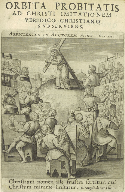 Sepia-toned reproduction of Jesus bearing cross on a hill. Ten artists at easels, below: one of them paints Jesus bearing the cross; the other paint different scenes. Latin text above and below image.